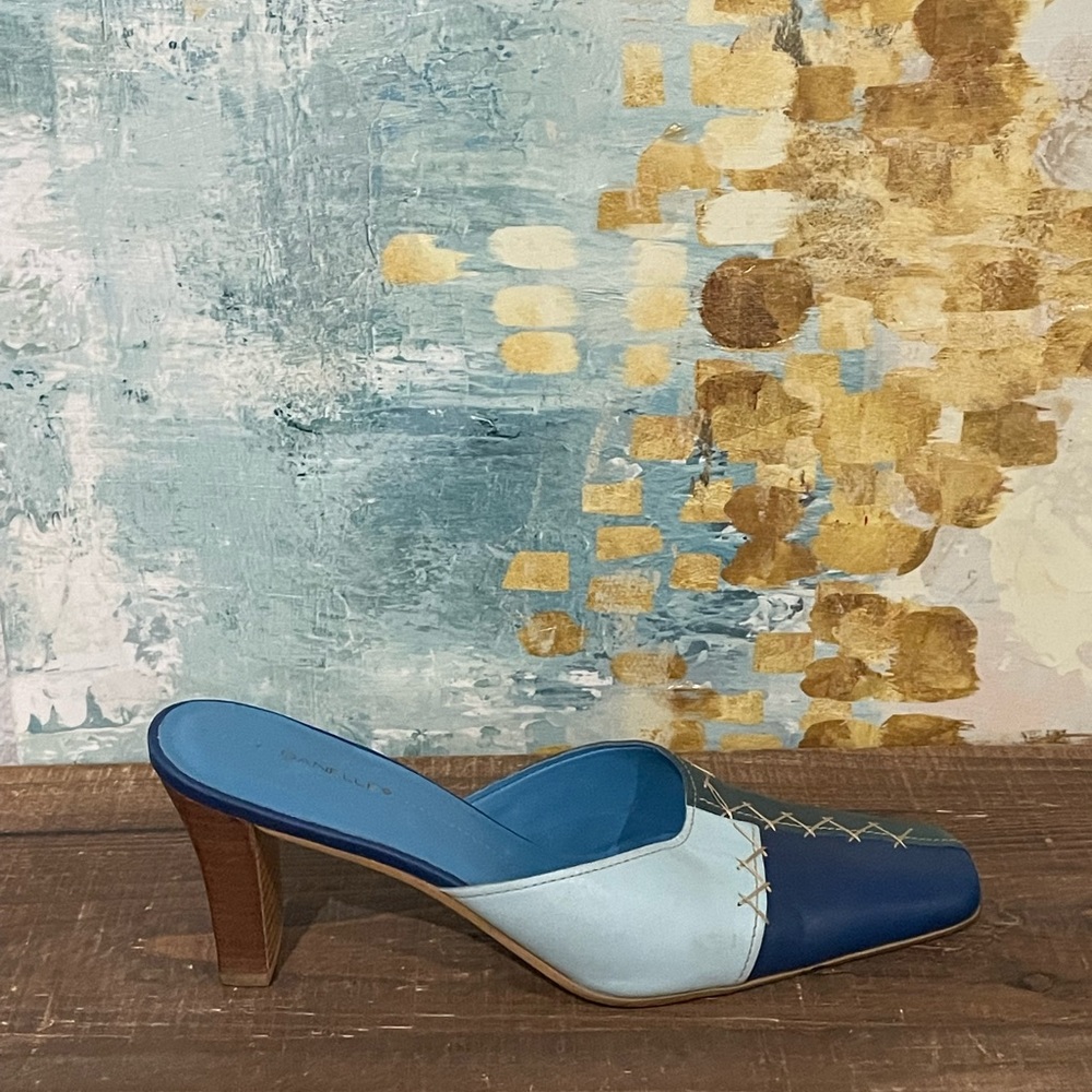 Danelle Blue Patchwork Square Toe Mule Heels - image 5